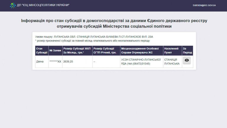 Информация о субсидии по условиям поиска на сайте subsidii.ioc.gov.ua